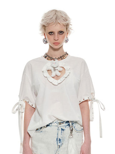 Black &amp; White Heart-shaped Hollow-out Lace-up T-Shirt