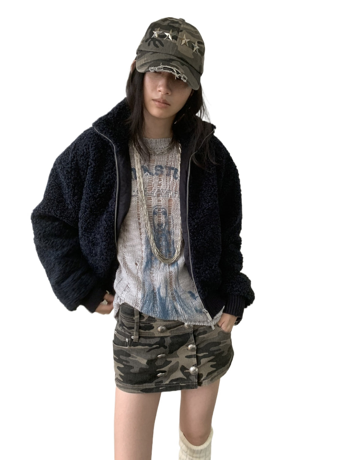 Distressed Fleece Zip-Up Cropped Jacket