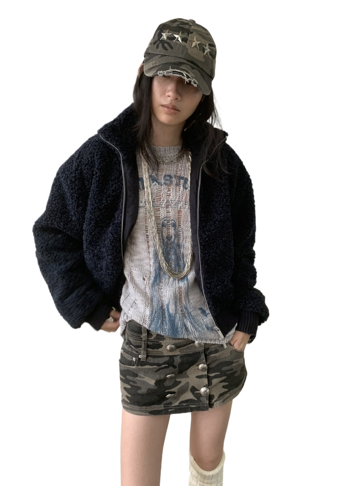 Distressed Fleece Zip-Up Cropped Jacket