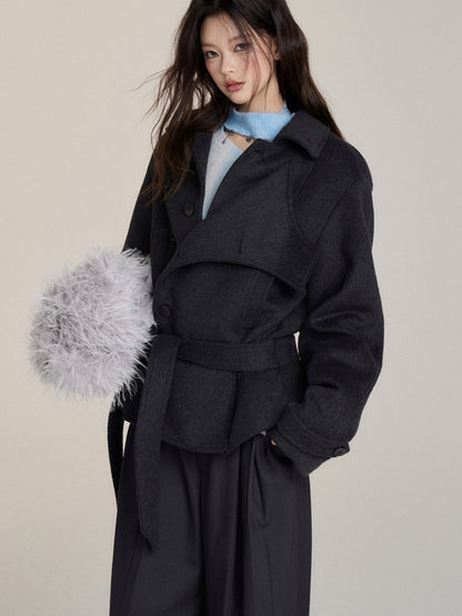 Faux Two-Piece Belted Layered Coat