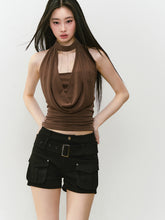 Chain Swing-neck Halter Neckline-gathered Waist Tank Top - CHINASQUAD