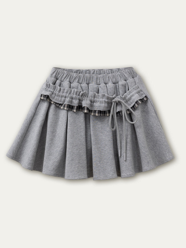 Gray Plaid Spliced Hoodie &amp; Skirt Set