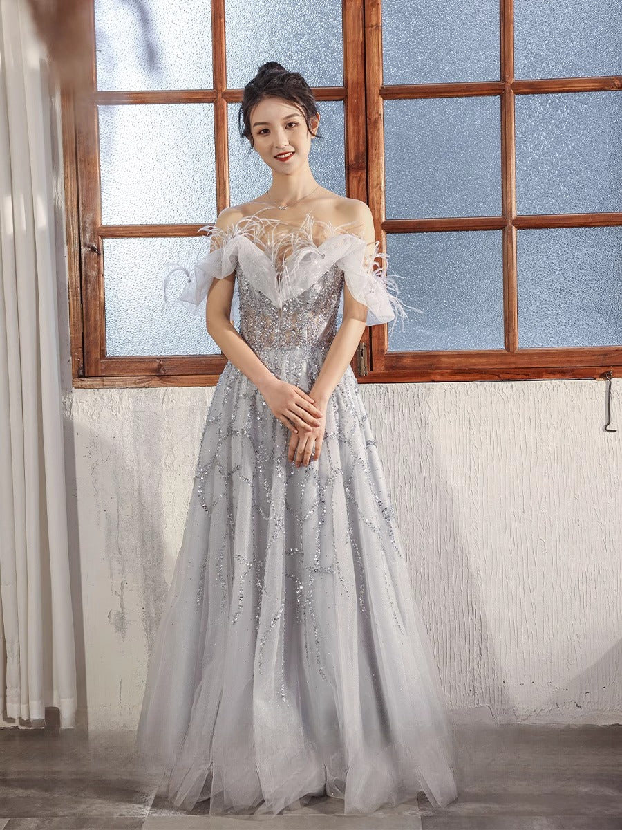 Feathered Scarlet Embellished Off-Shoulder Gown