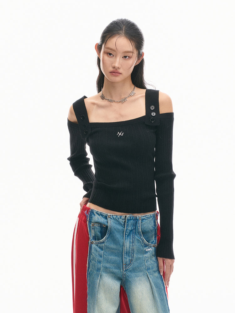 Casual Off-Shoulder Slim-Fit Wool Long-Sleeve Top