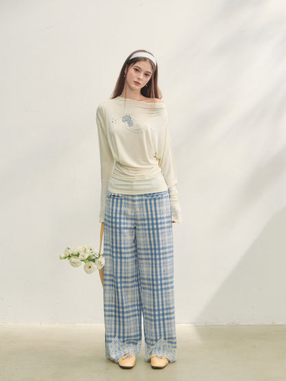 Lace Panel Checked Straight-Leg Pants - CHINASQUAD