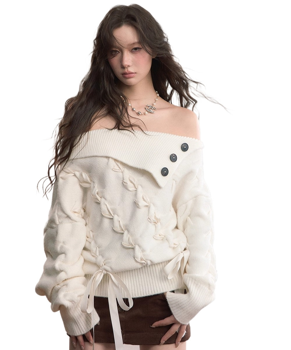 Asymmetric Off-Shoulder Cable Knit Sweater