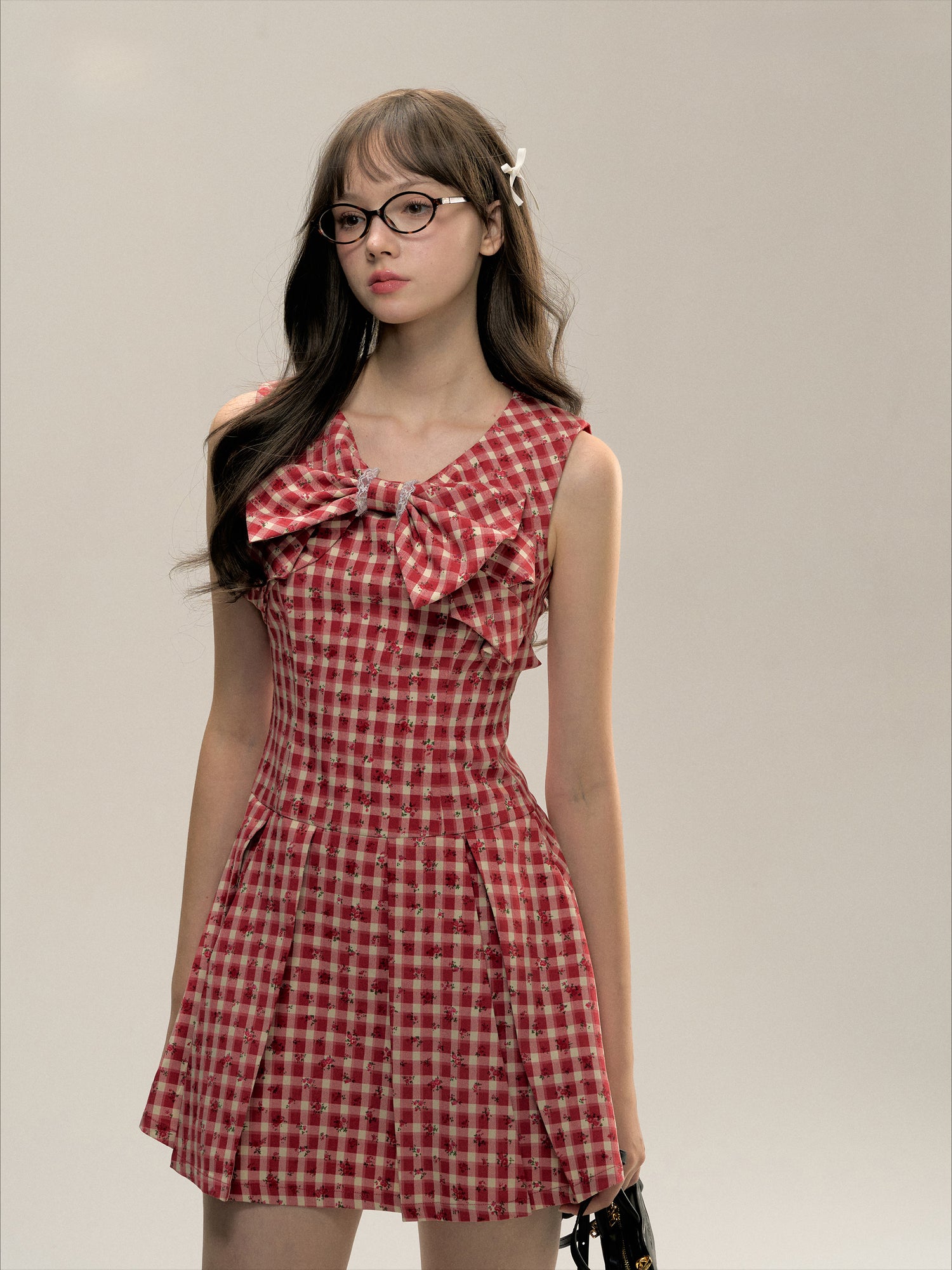 Red Gingham Sleeveless Round-neck Dress