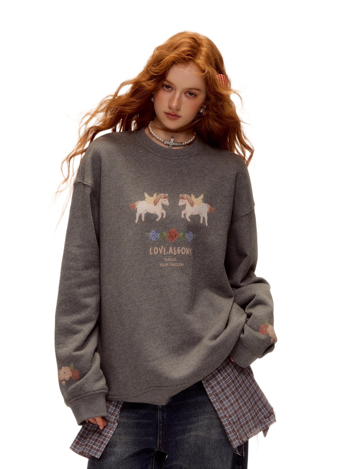 Floral Pony Print Fleece-Lined Pullover Sweatshirt