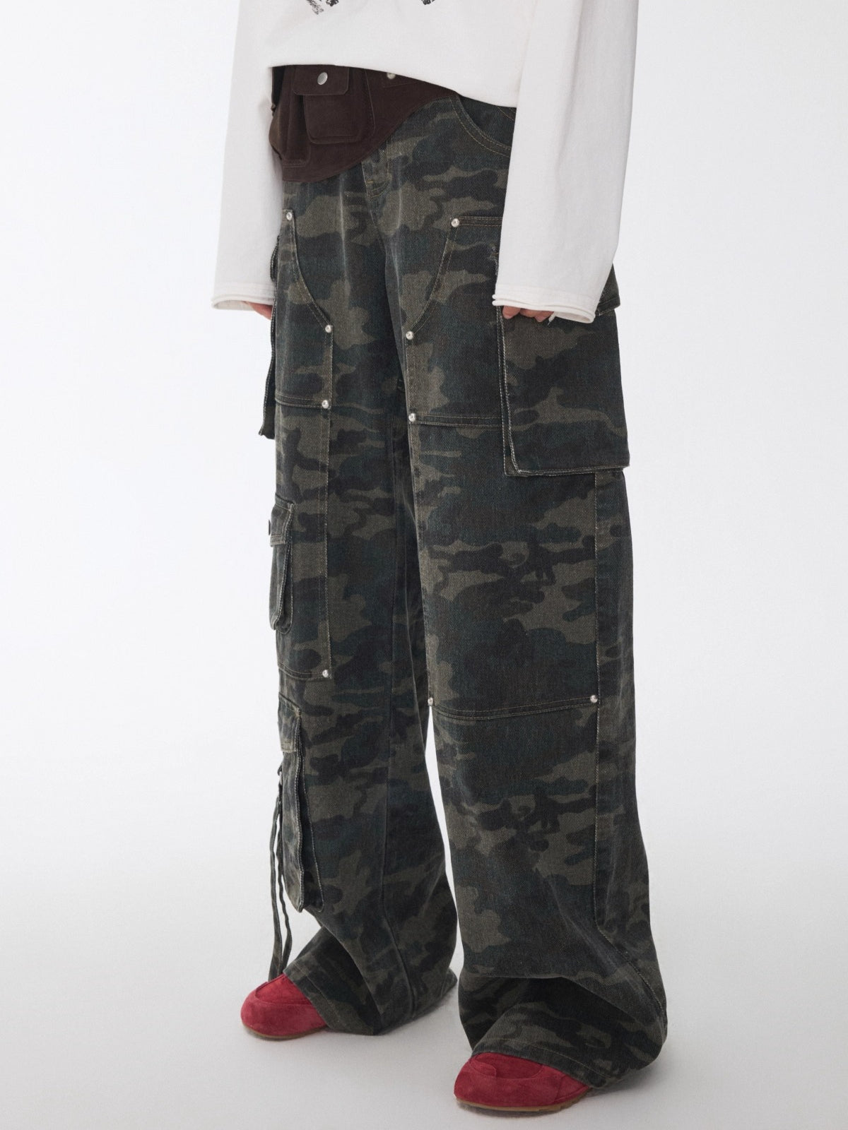 Washed Camouflage Multi-Pocket Cargo Wide-Leg Pants
