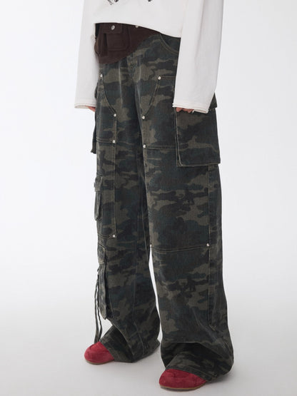 Washed Camouflage Multi-Pocket Cargo Wide-Leg Pants