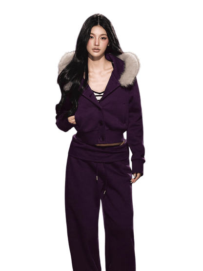 Faux Fur Hooded Cropped Hoodie &amp; Jogger Set