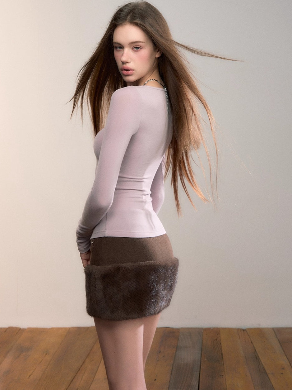 Faux Fur-Trimmed Wool Blend Mini Skirt