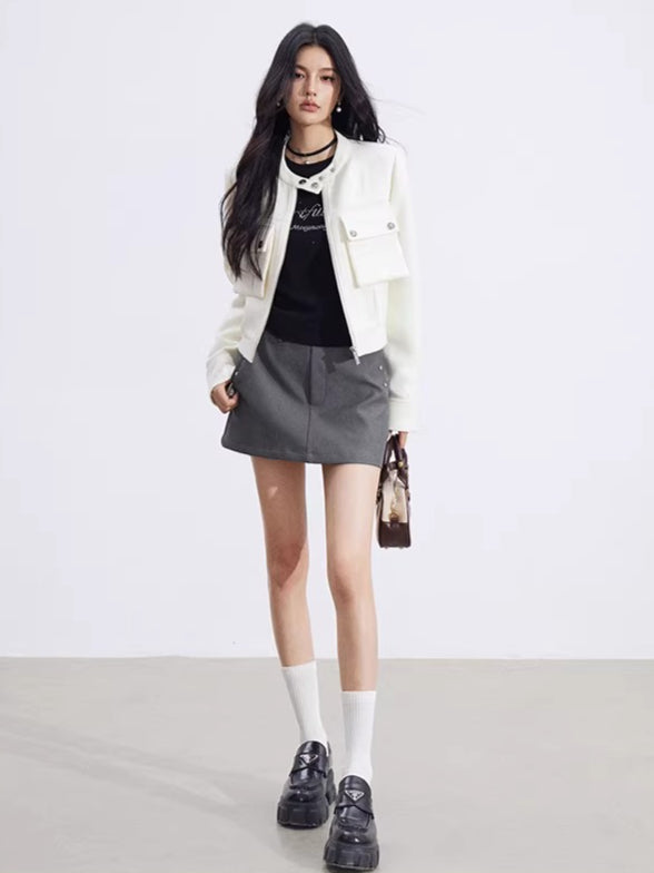 Chic Stand-Collar Tweed-Style Short Jacket