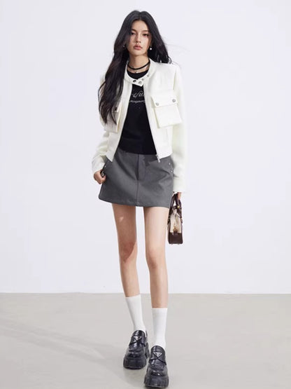 Chic Stand-Collar Tweed-Style Short Jacket