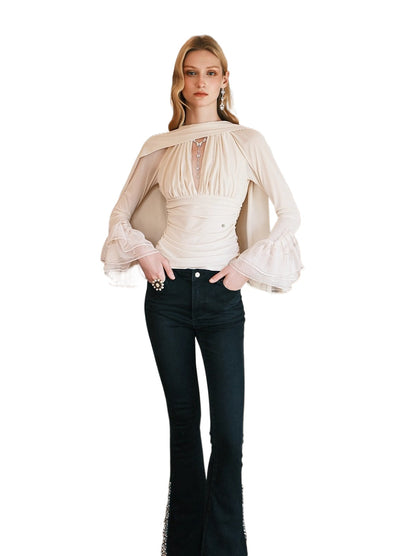 Nina Halter V-Neck Slim Tie Detail Crop Blouse