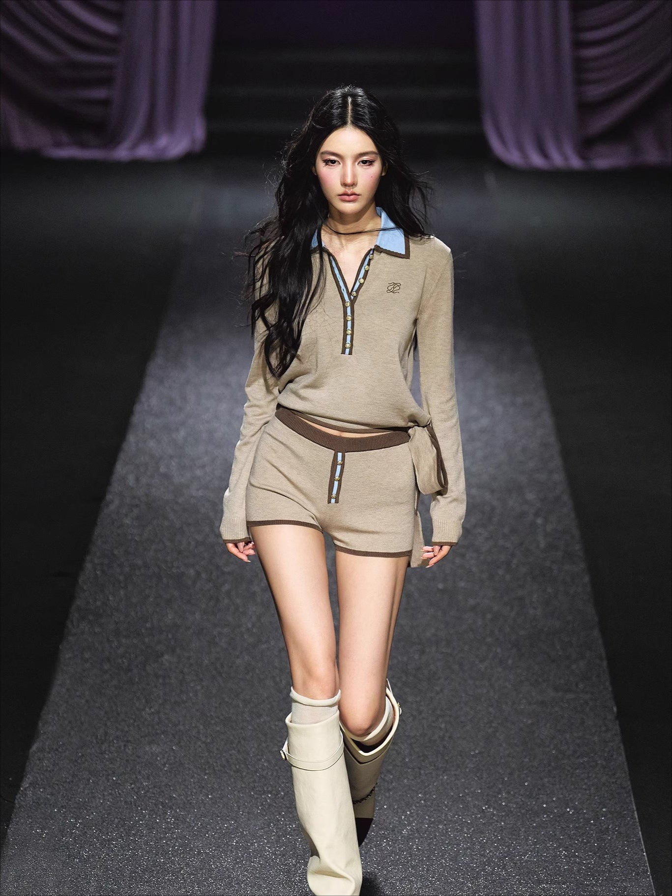 Contrast Tie-Neck Polo Knit Set