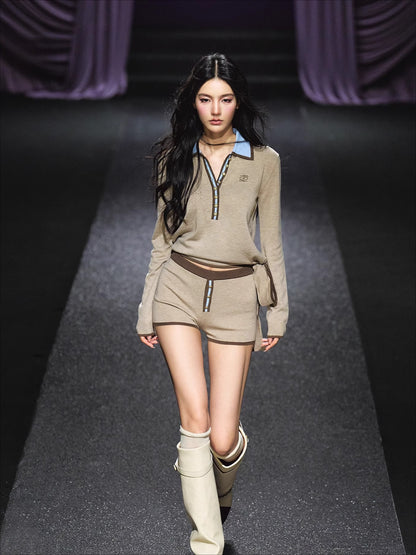 Contrast Tie-Neck Polo Knit Set