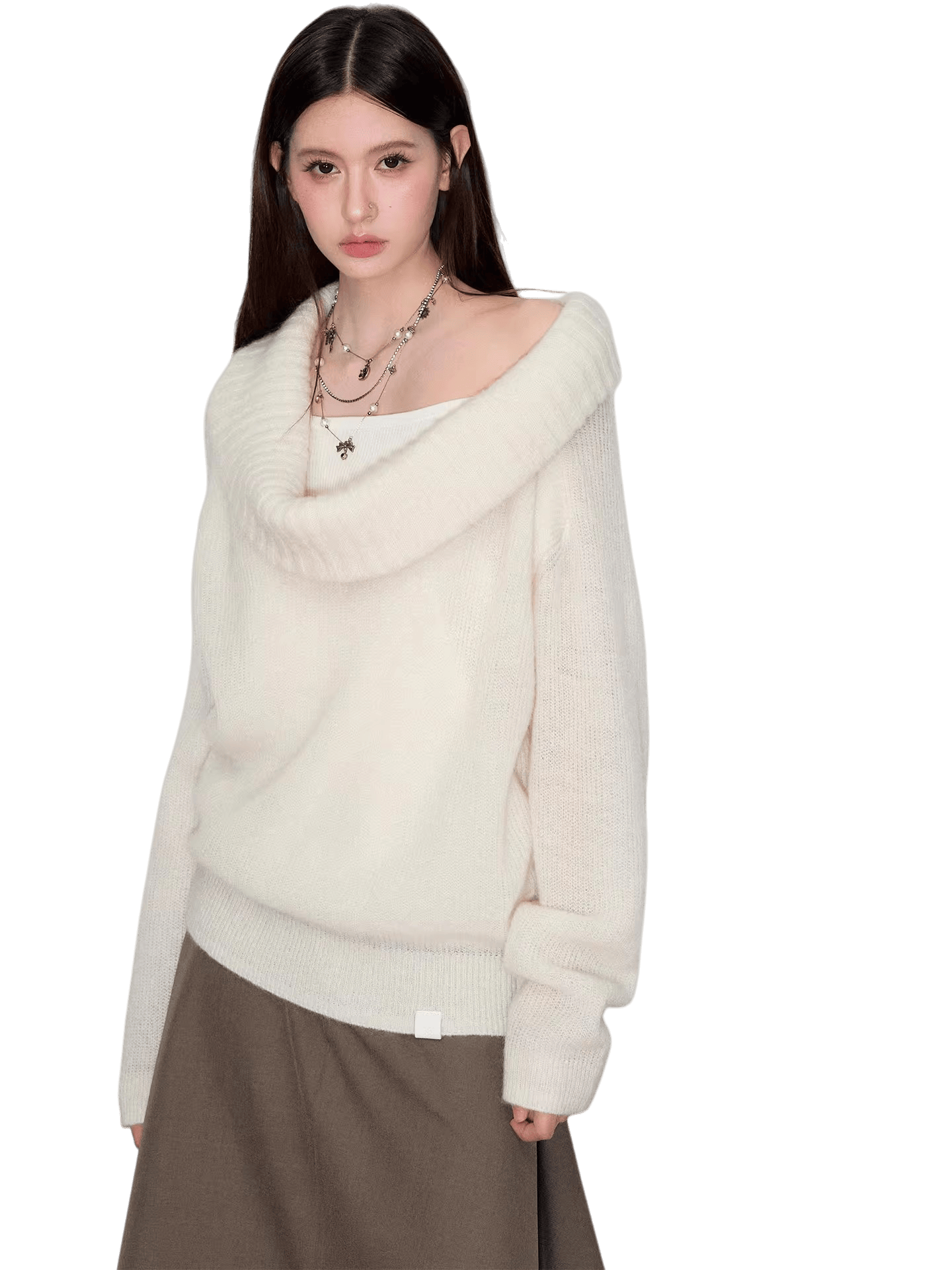 Relaxed Cowl-Neck Pullover Wool Knit Sweater