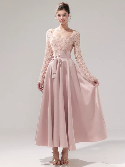 Lace Cinched-Waist Full-Skirt Evening Dress