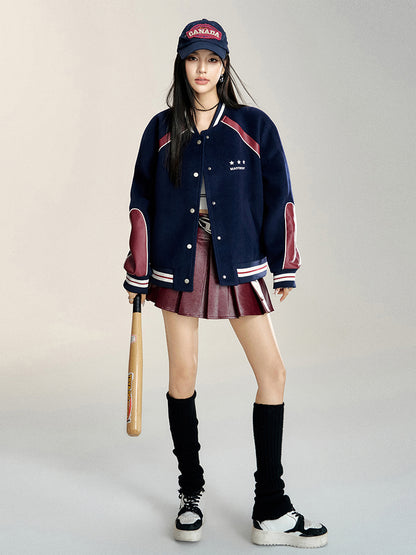 Navy Block Faux Leather Baseball Jacket