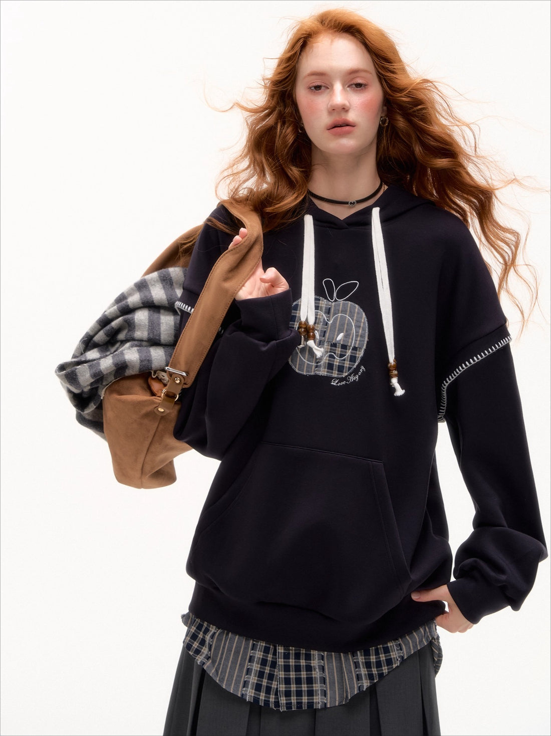 Fake Two-piece Apple Appliqué Layered Hoodie - CHINASQUAD