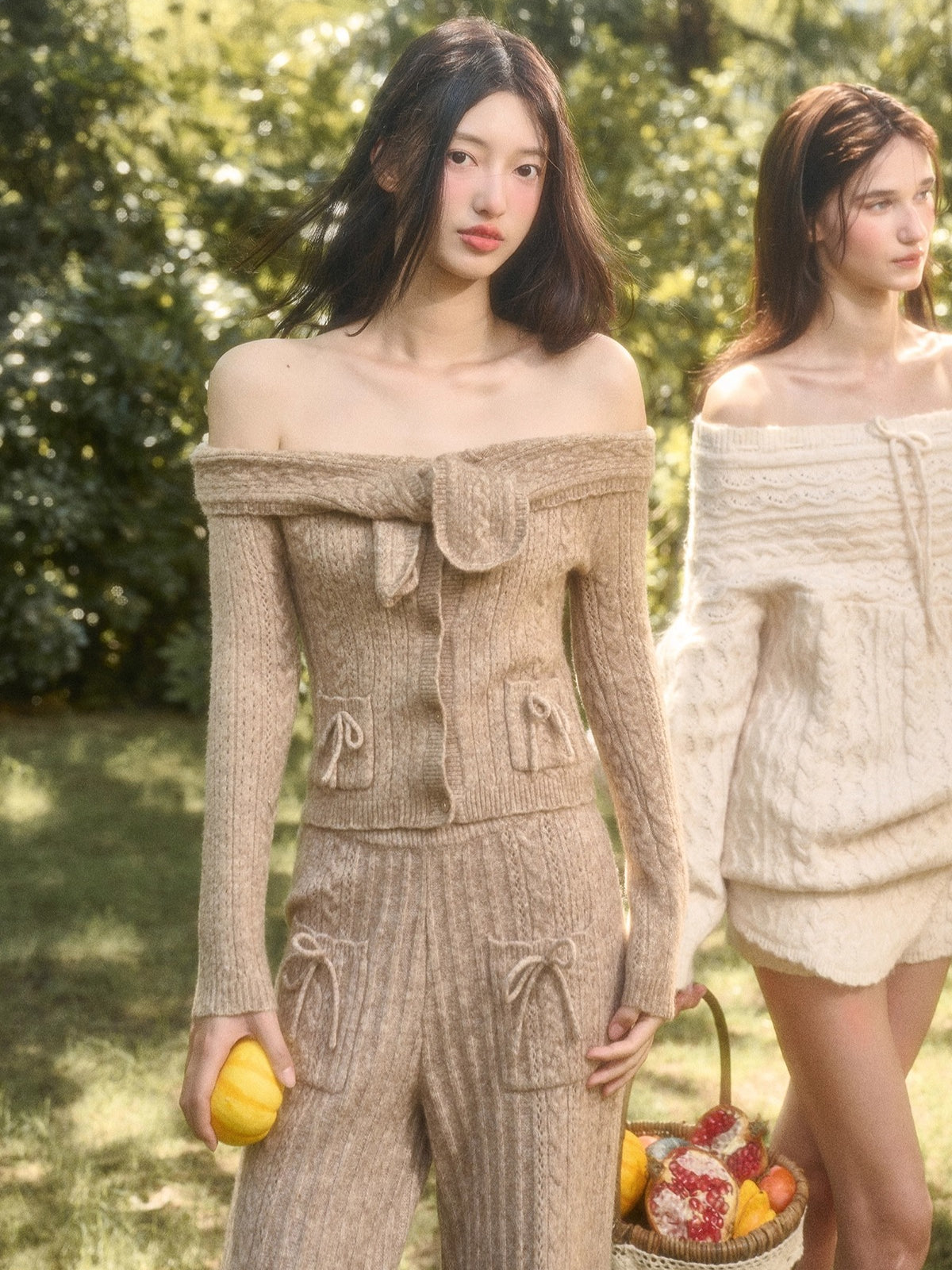 Velvet Bunny Wool Cloud Off-Shoulder Knit Cardigan &amp; Wide-Leg Pants Set