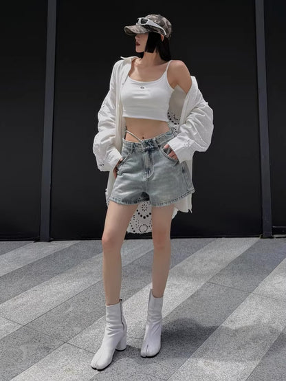 Tie-Waist Raw-Edge Vintage Denim Shorts