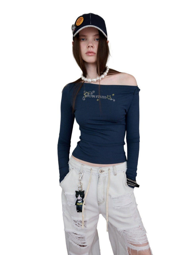 Rhinestone One-Shoulder Long-Sleeve T-Shirt - CHINASQUAD