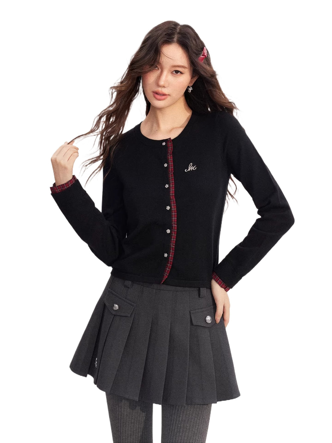 Lace-Trim Patchwork Knit Crewneck