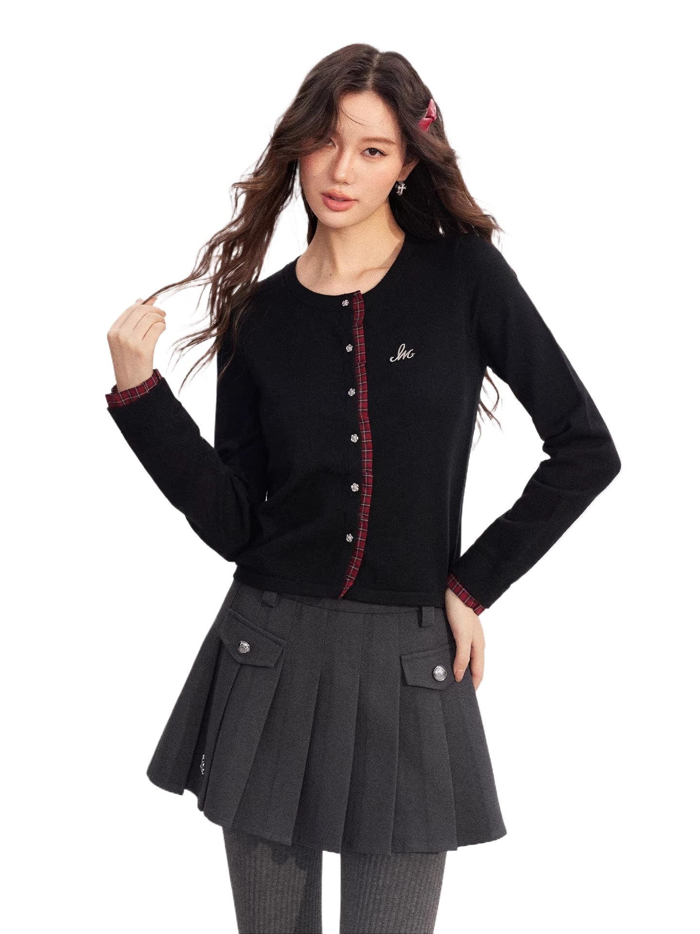 Lace-Trim Patchwork Knit Crewneck