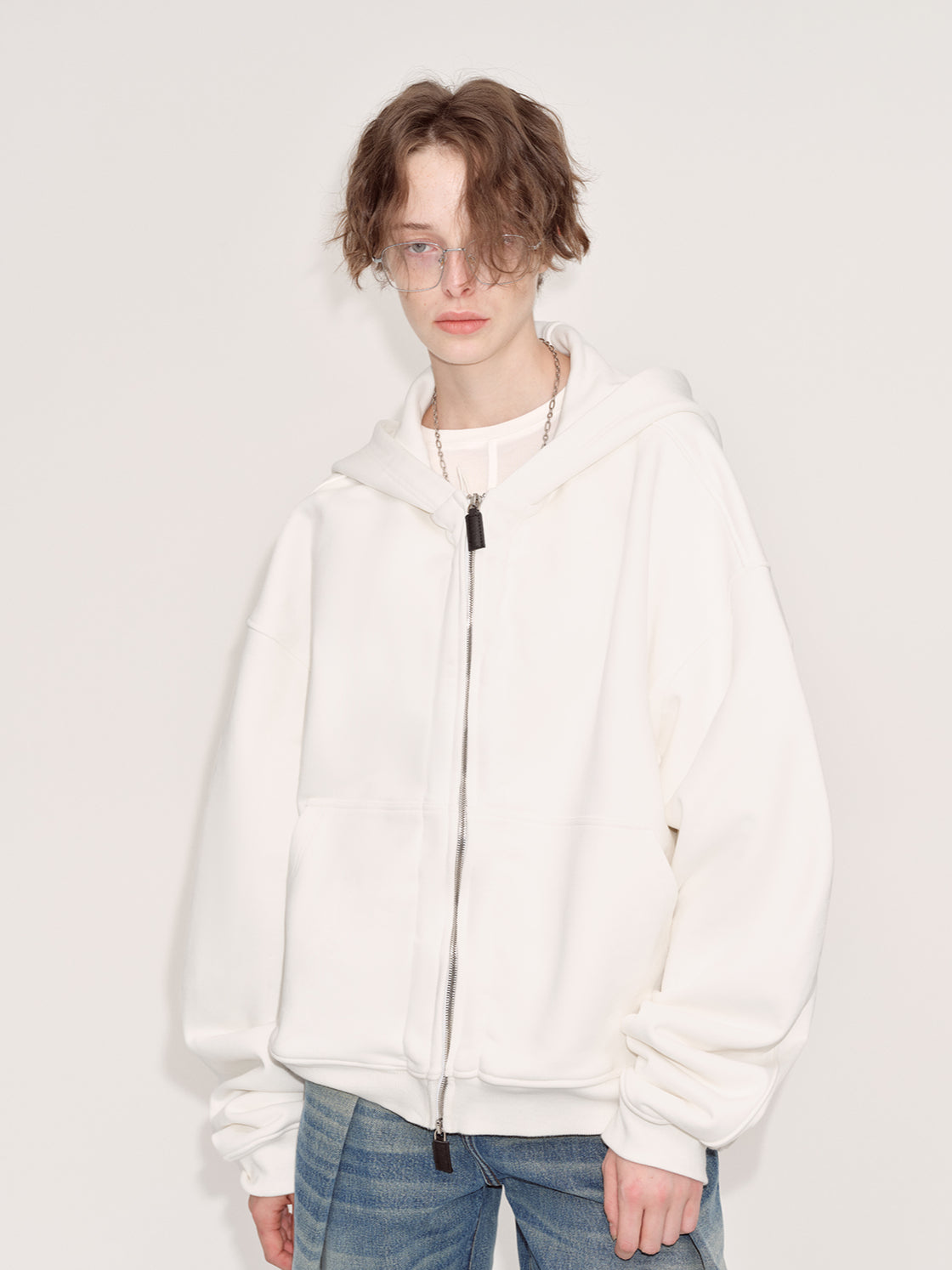 White Hooded Zip-Up Sweatshirt