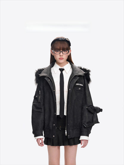 Detachable Fur Collar PU Padded Jacket