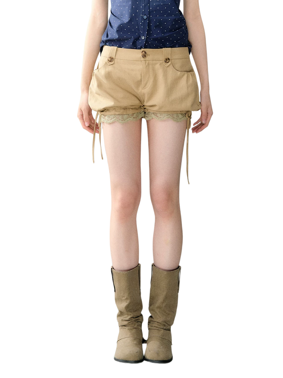 Khaki Lyocell Lace-Trim Tie Lantern Shorts