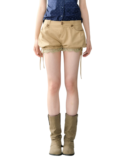 Khaki Lyocell Lace-Trim Tie Lantern Shorts