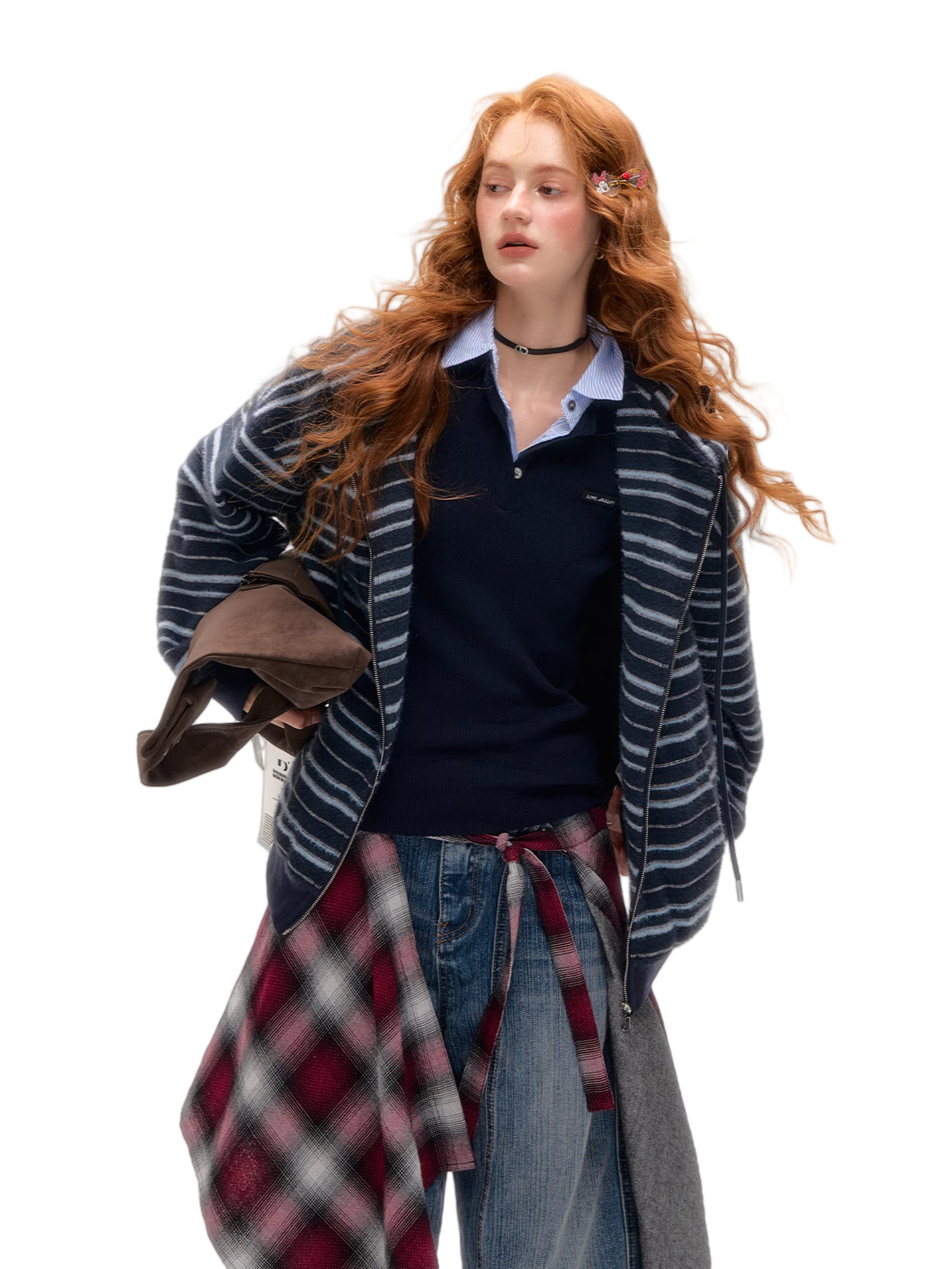 Striped Plush Cat-Ear Zip-up Hoodie