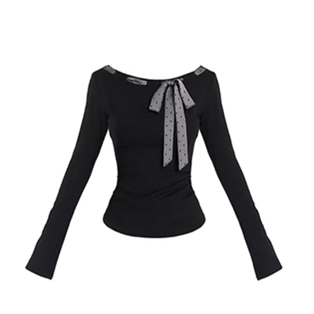 Polka-Dot Tie-Up Slim-Fit Long Sleeve T-Shirt