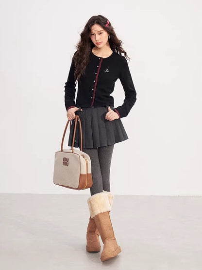 Lace-Trim Patchwork Knit Crewneck