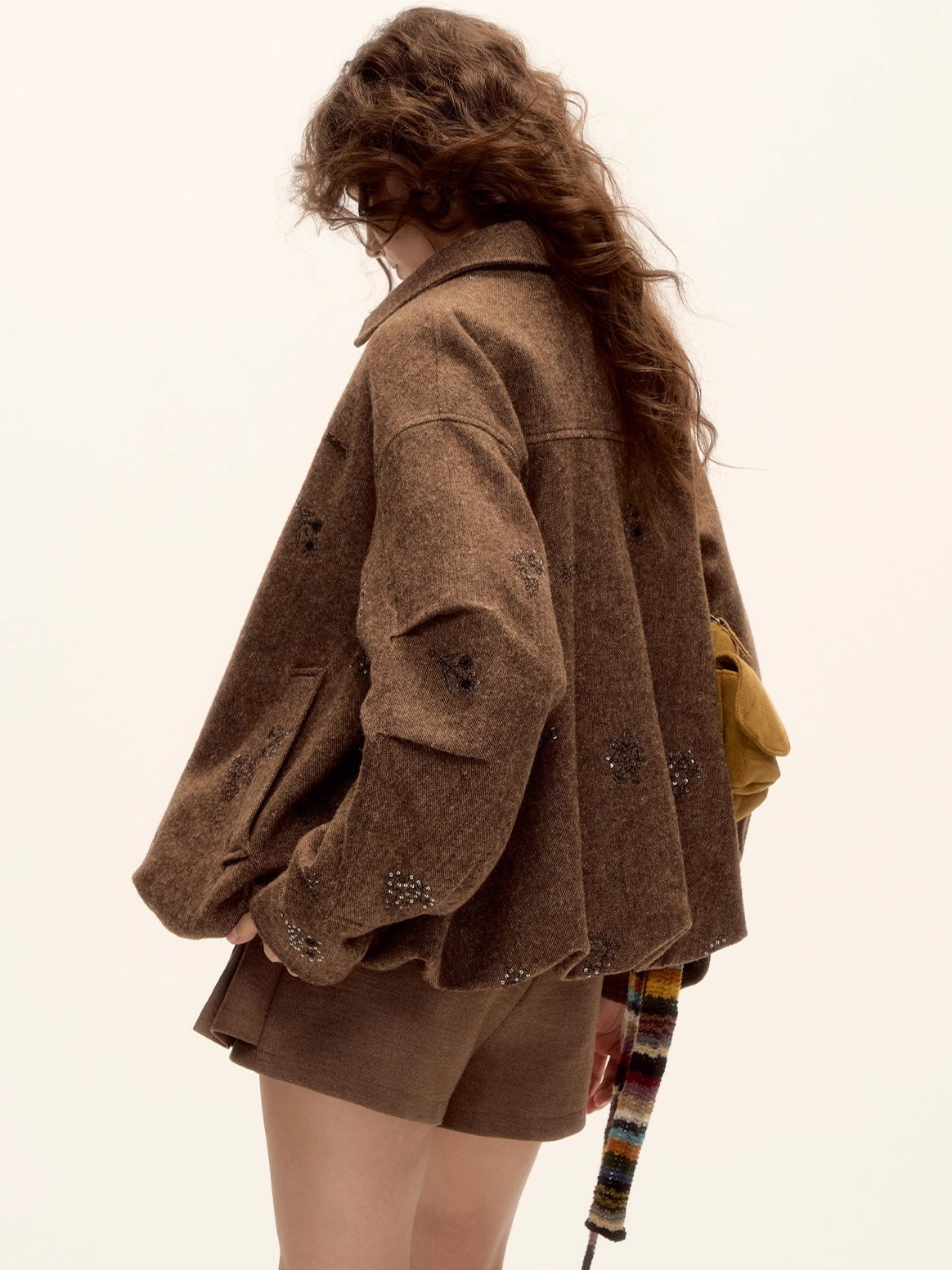 Sequin Embroidered Plaid Wool Blouson Jacket