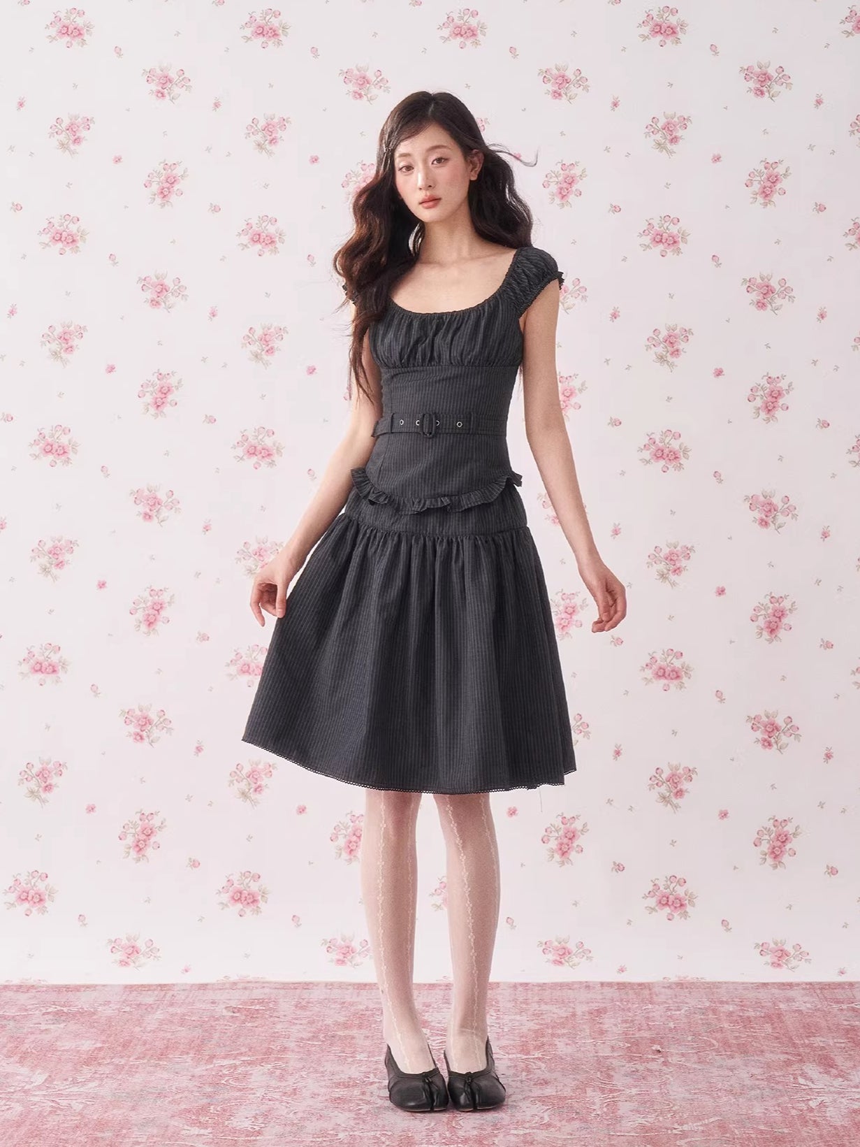 Vintage Floral Waist-Cinching Two-Piece Skirt Set