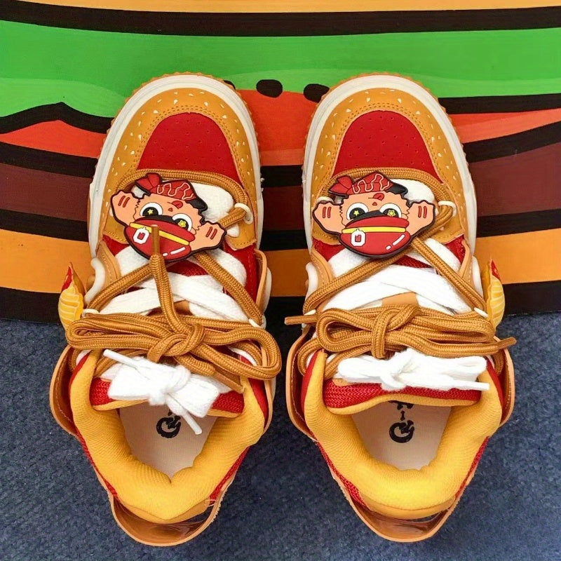 Orange Burger Embroidered Lettering Low-Top Skate Sneakers