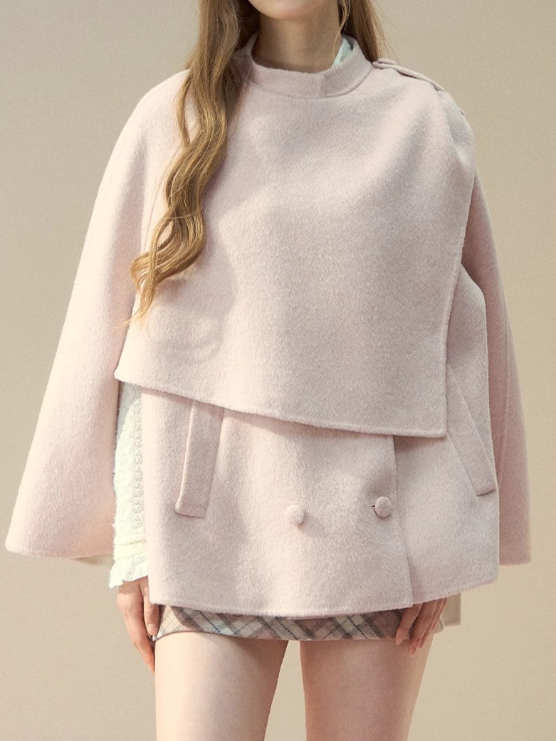 Wool Double-Faced Pink Cape Coat - CHINASQUAD
