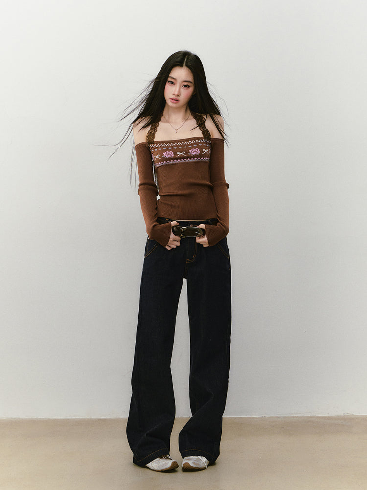 Lace Halter Two-way One-shoulder Sweater - CHINASQUAD