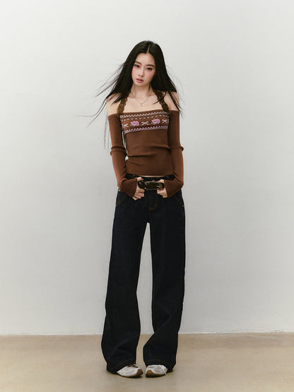 Lace Halter Two-way One-shoulder Sweater - CHINASQUAD