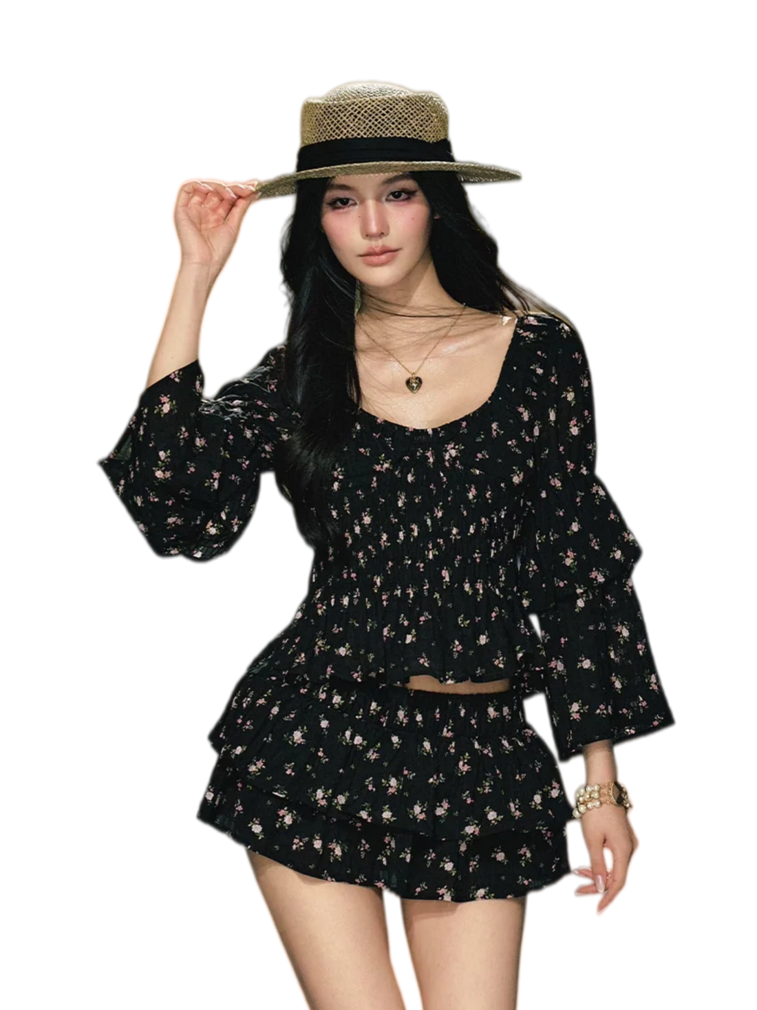 Vintage Noir Floral Ruffle Sleeve Top &amp; Mini Skirt Set