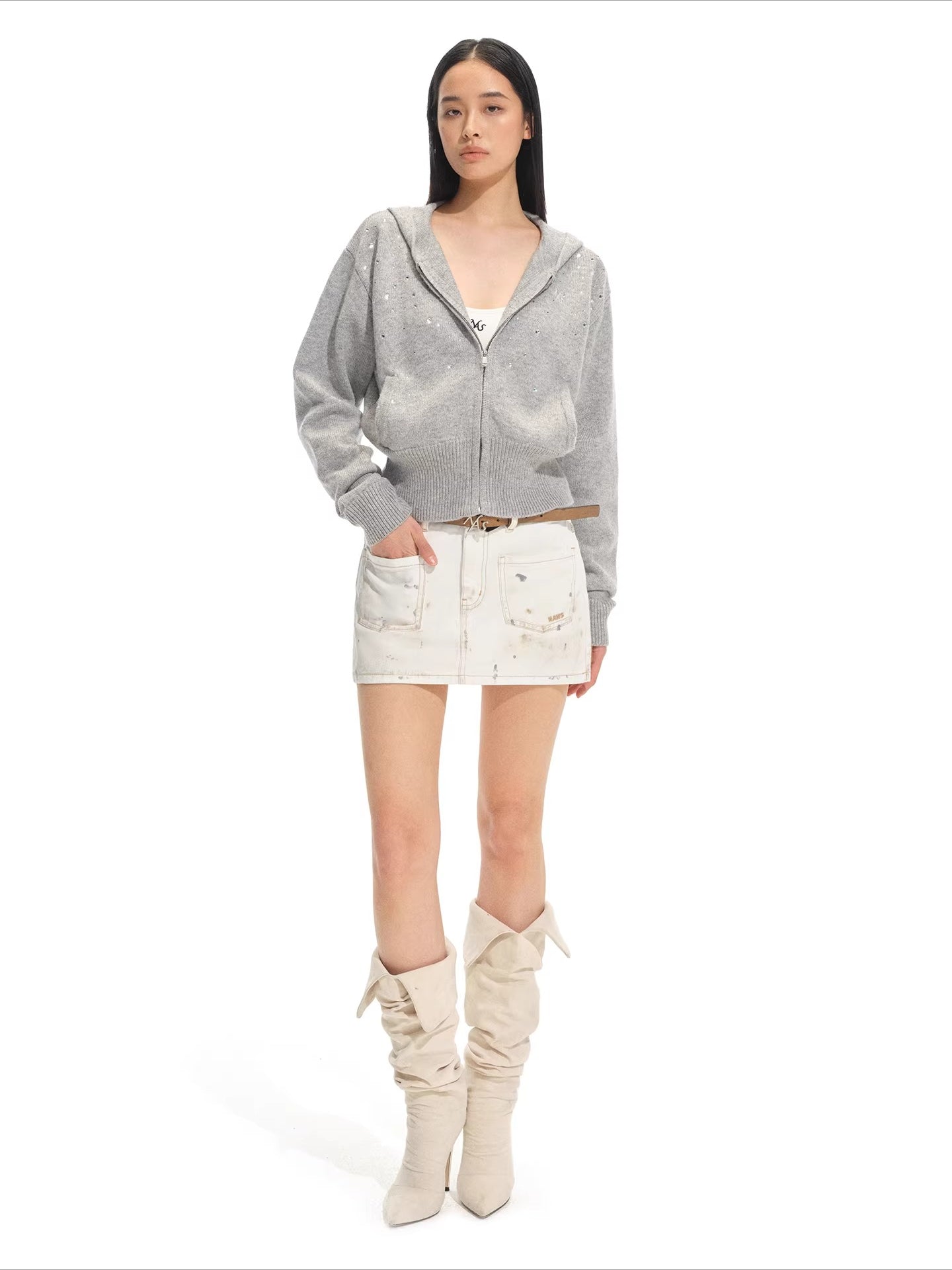 Stardust Gradient Rhinestone Hooded Knit Cardigan