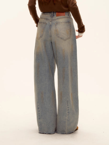Vintage Washed Distressed Wide-Leg Denim Pants