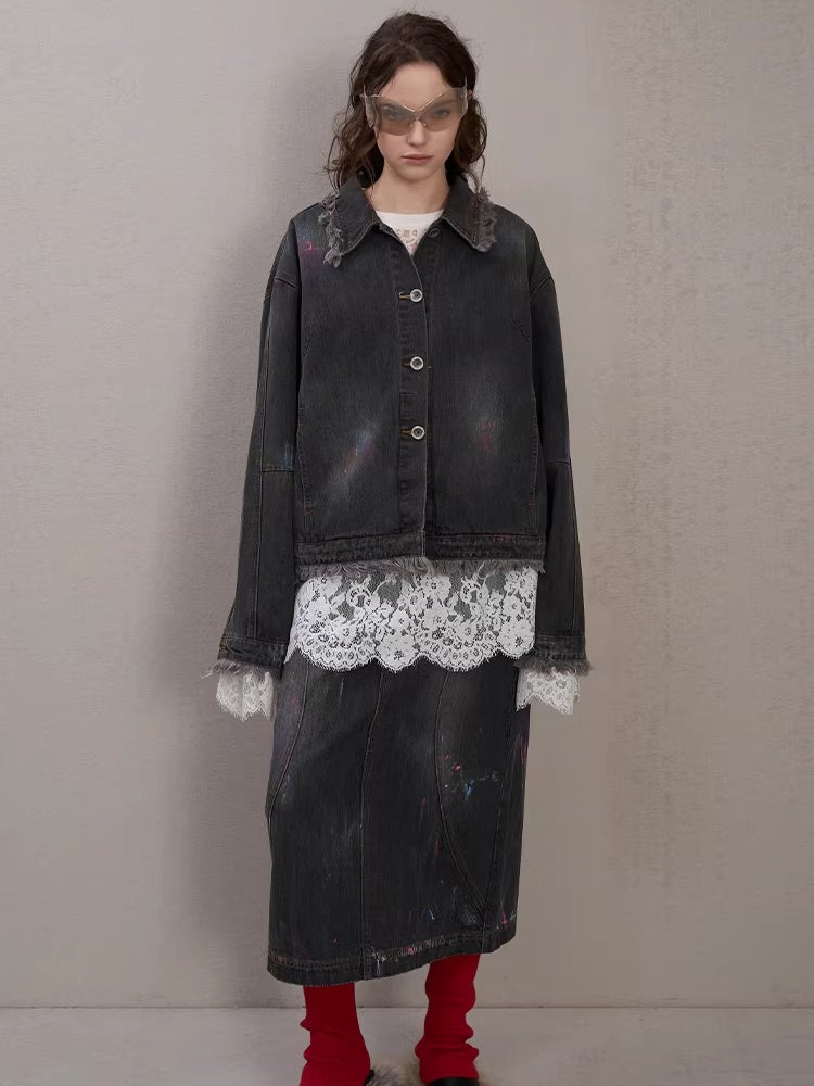 Layered Ribbed Lace-Trim Crewneck T-Shirt