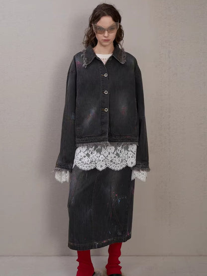 Layered Ribbed Lace-Trim Crewneck T-Shirt