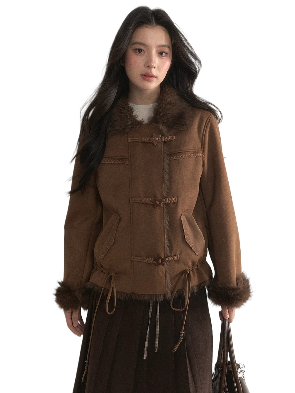 Oak Brown Suede Embroidered Shearling Jacket