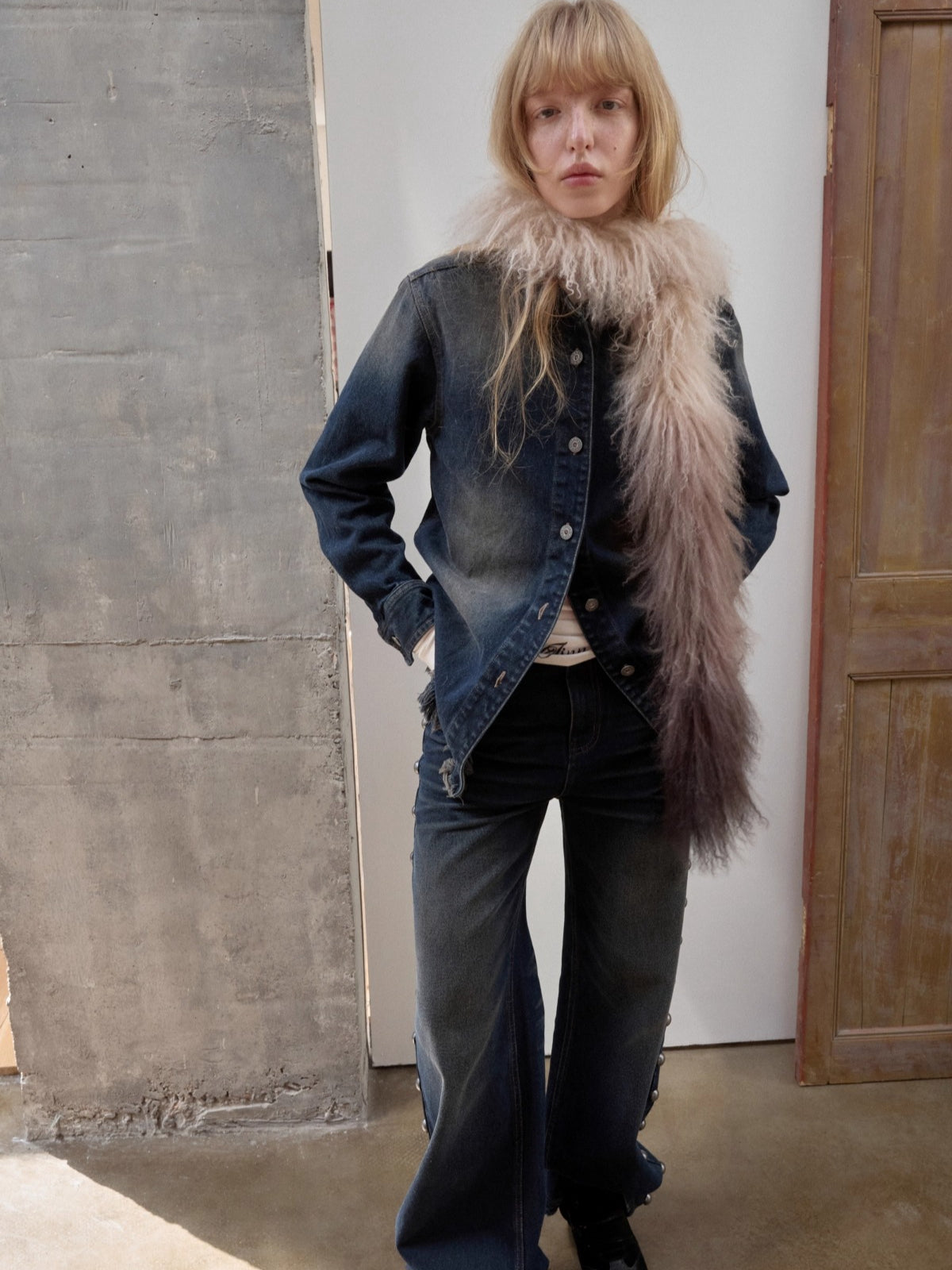 Ombre Shearling Wool Long Scarf